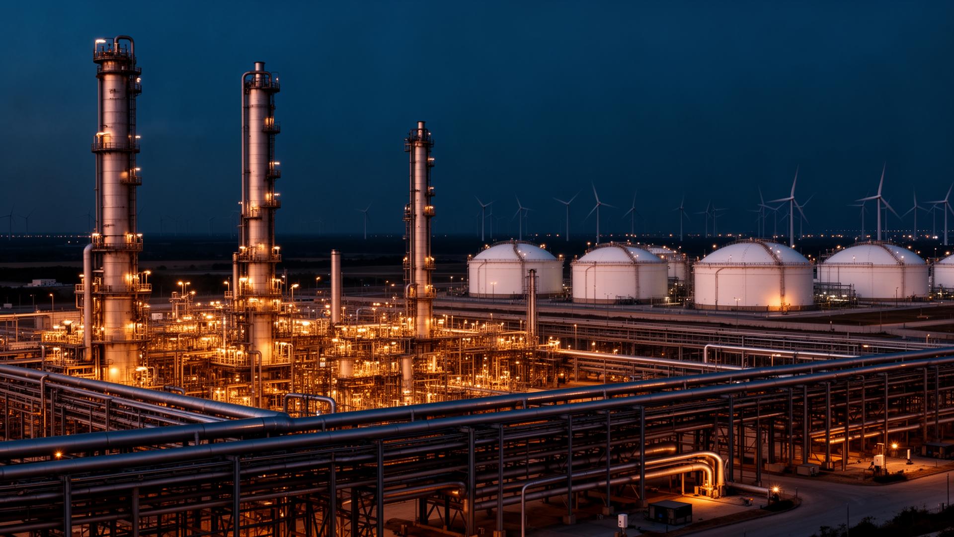 Industrial energy facility at blue hour with refinery towers, pipelines, storage tanks and wind turbines on the horizon