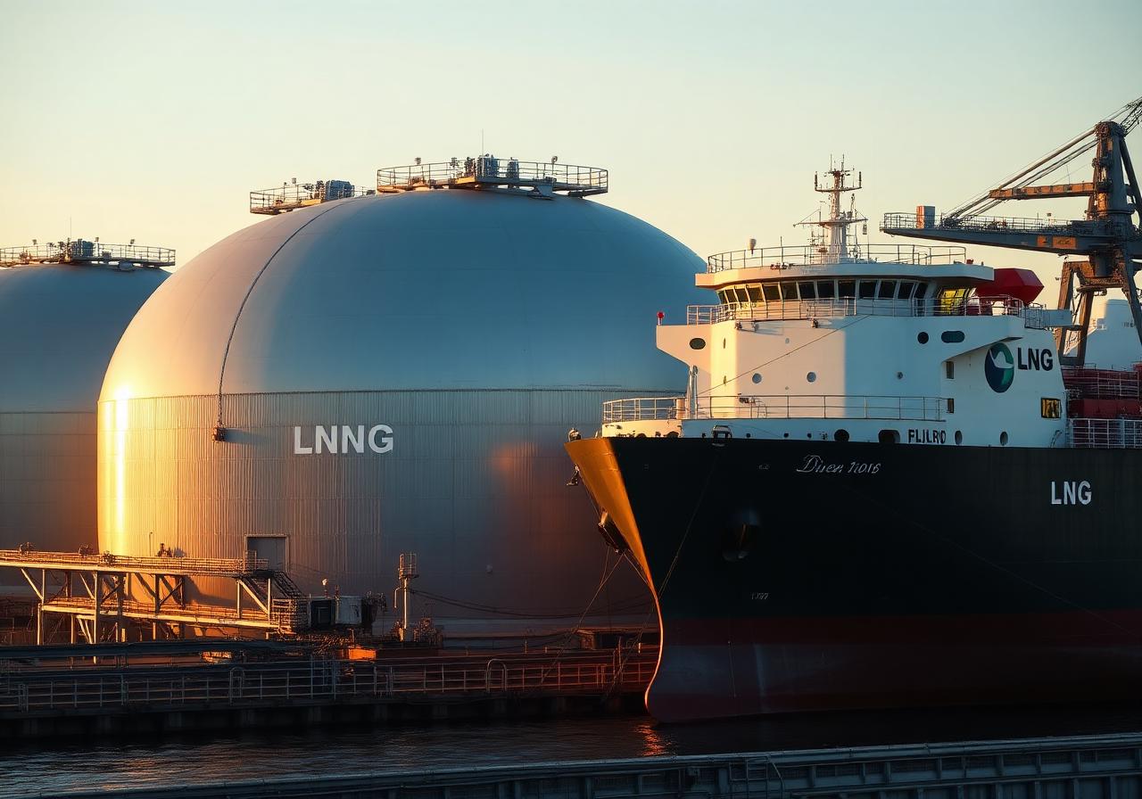 LNG storage tanks and a docked carrier ship representing global energy logistics